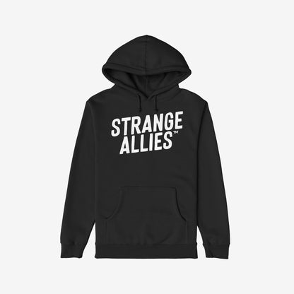 Strange Allies Hoodie & Sweatshirt features bold “STRANGE ALLIES™” text across the chest, a drawstring hood, and kangaroo pocket, embodying unity and defiance. Ideal for making a statement.