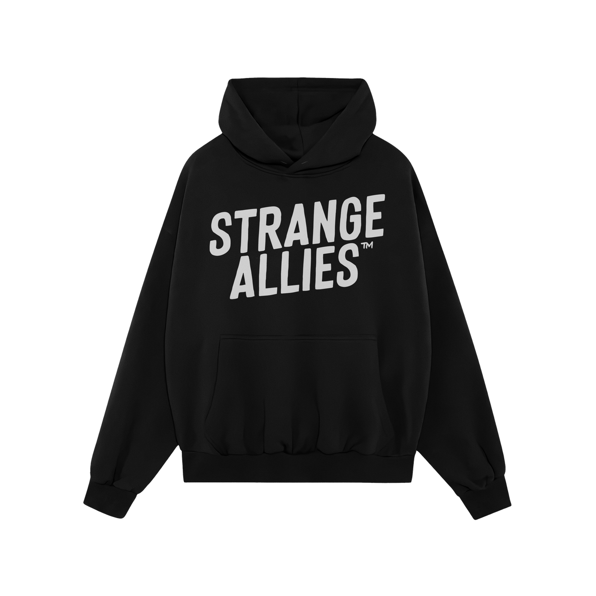 Strange Allies Hoodie & Sweatshirt features bold “STRANGE ALLIES™” text across the chest, a drawstring hood, and kangar