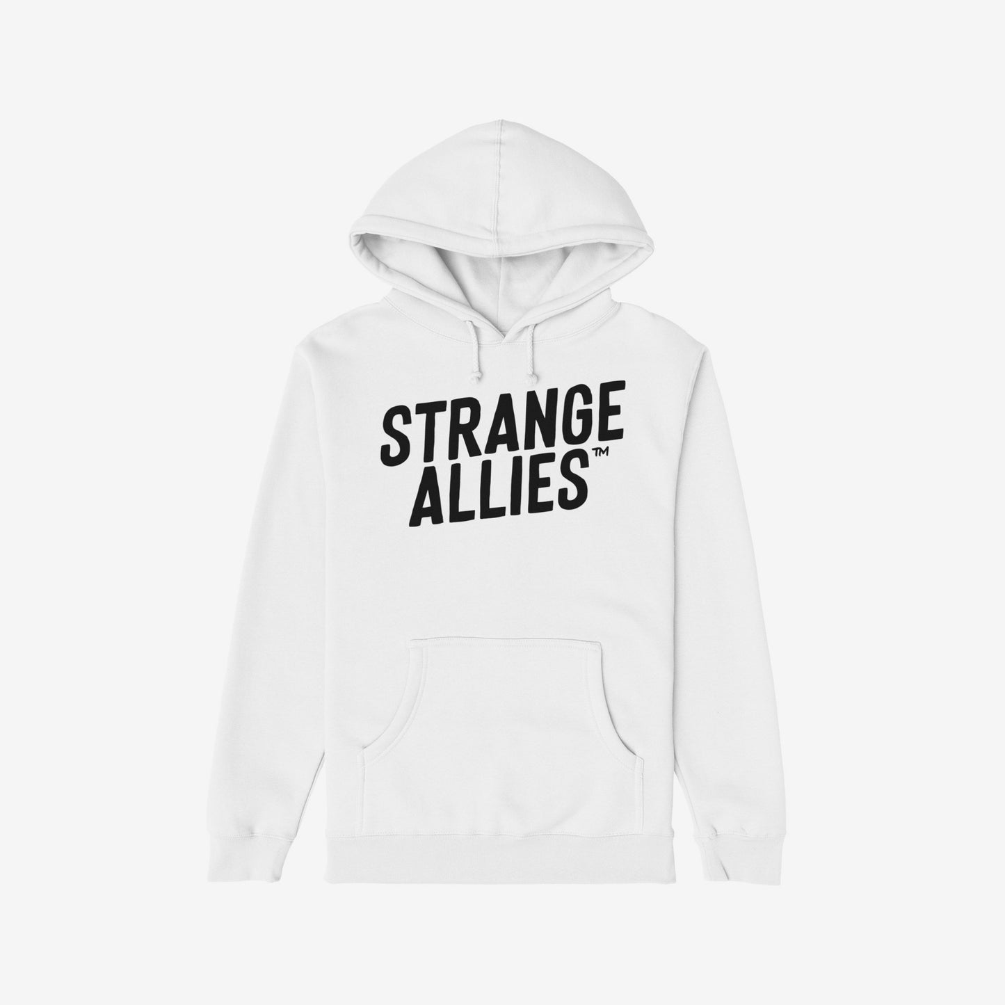 Strange Allies Hoodie & Sweatshirt features bold “STRANGE ALLIES™” text on a clean white pullover, embodying unity and defiance with its minimalist design, front kangaroo pocket, and drawstring hood.