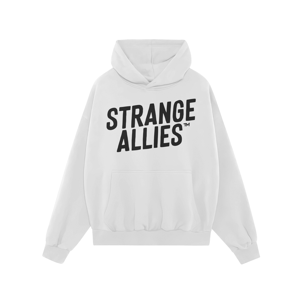 Strange Allies Hoodie & Sweatshirt features bold “STRANGE ALLIES™” text on a clean white pullover, embodying unity and 