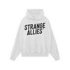 Strange Allies Hoodie & Sweatshirt features bold “STRANGE ALLIES™” text on a clean white pullover, embodying unity and 