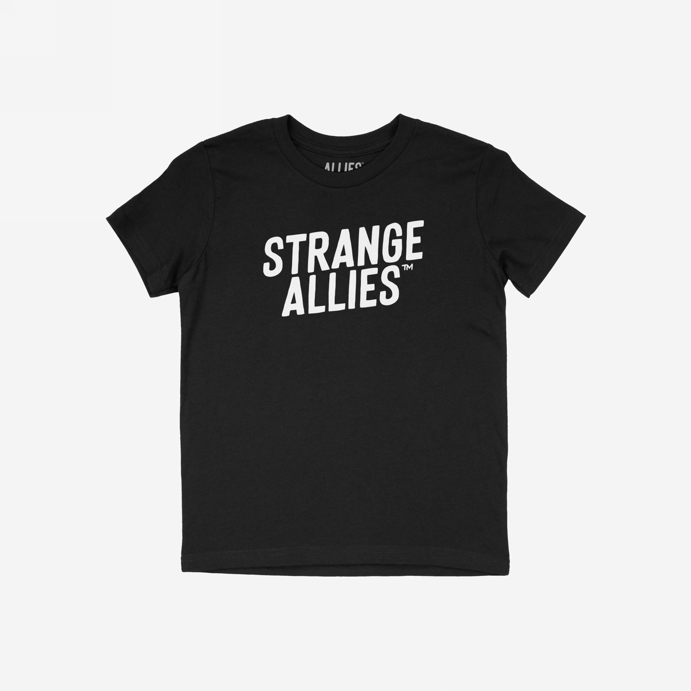 Strange Allies T-shirt featuring bold “STRANGE ALLIES™” text on chest, laid flat. This classic crew-neck tee embodies outsider ethos, inviting wearers to embrace uniqueness and individuality.