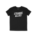 Strange Allies T-shirt featuring bold “STRANGE ALLIES™” text on chest, laid flat. This classic crew-neck tee embodies o