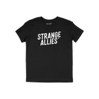 Strange Allies T-shirt featuring bold “STRANGE ALLIES™” text on chest, laid flat. This classic crew-neck tee embodies o