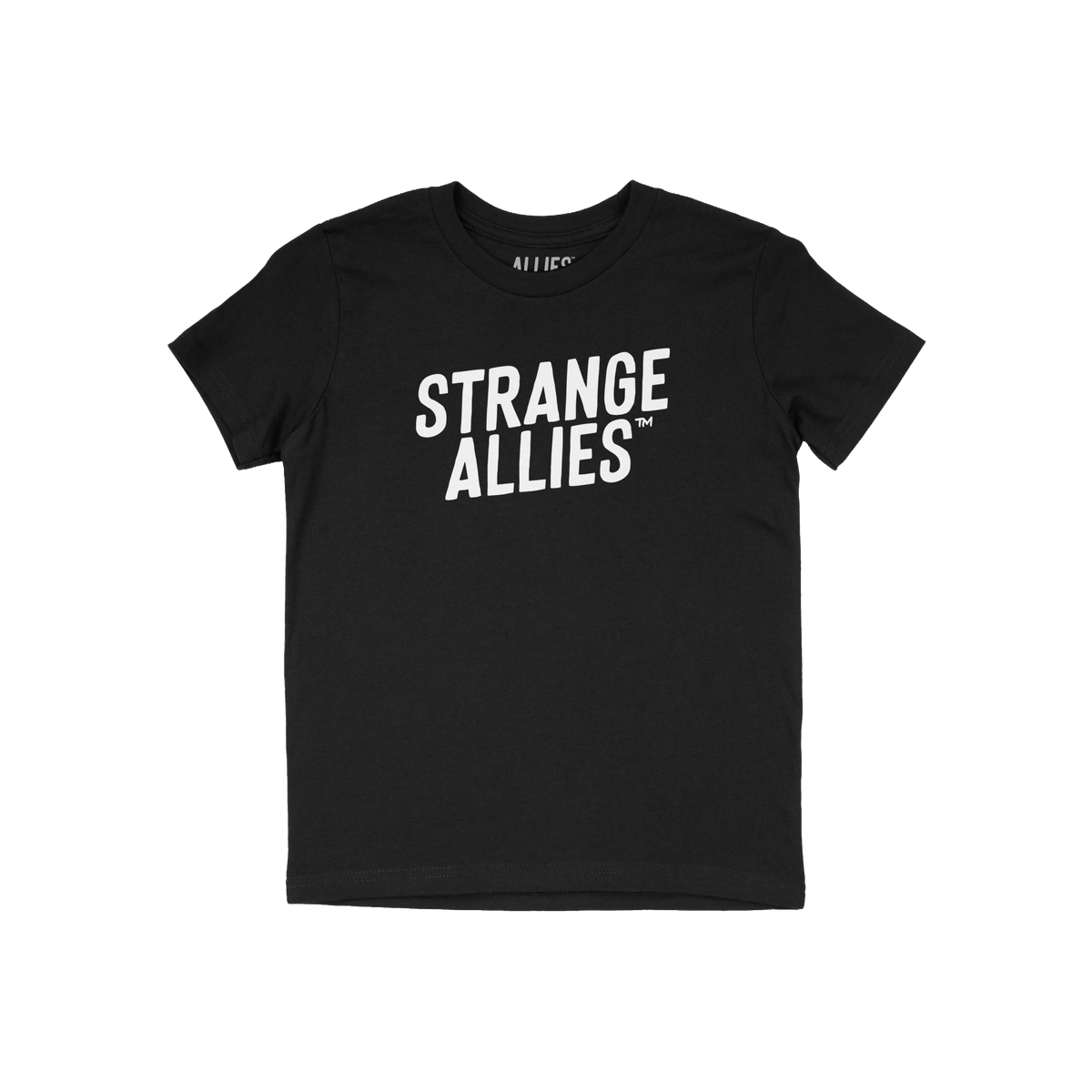 Strange Allies T-shirt featuring bold “STRANGE ALLIES™” text on chest, laid flat. This classic crew-neck tee embodies o