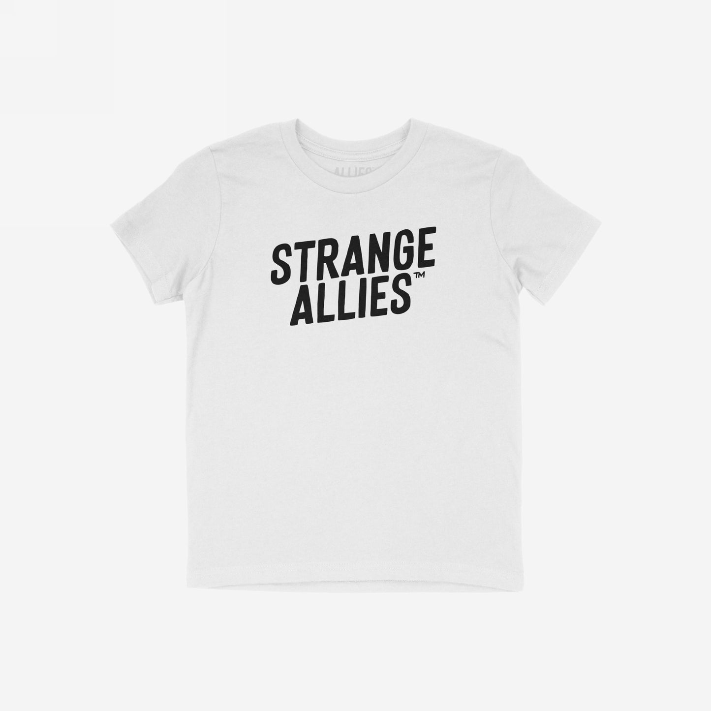 Strange Allies T-shirt featuring bold STRANGE ALLIES text across the chest, symbolizing unity and individuality. This short-sleeve tee embodies an inclusive ethos, celebrating outsiders and non-conformists.