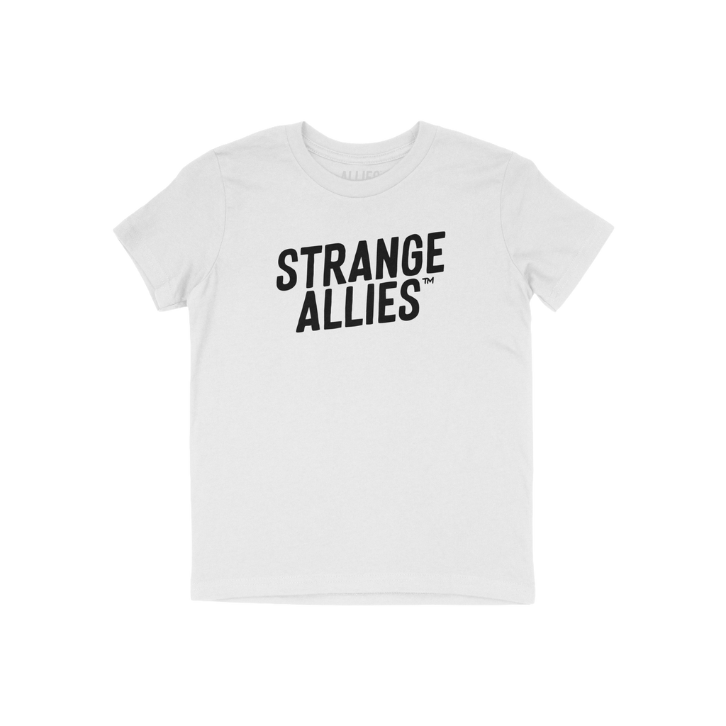 Strange Allies T-shirt featuring bold STRANGE ALLIES text across the chest, symbolizing unity and individuality. This short-s