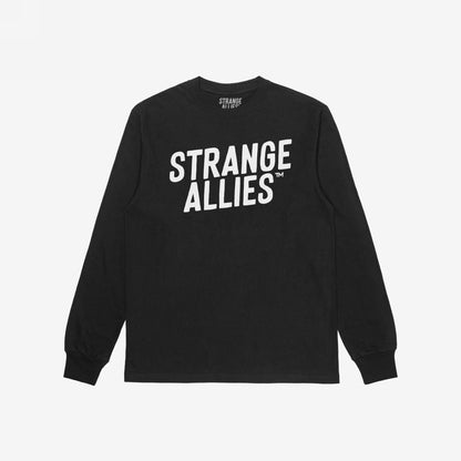 Strange Allies T-shirt features bold white STRANGE ALLIES™ text on a black, long-sleeve crewneck, symbolizing unity with outsiders and a commitment to embracing inclusivity and individuality.