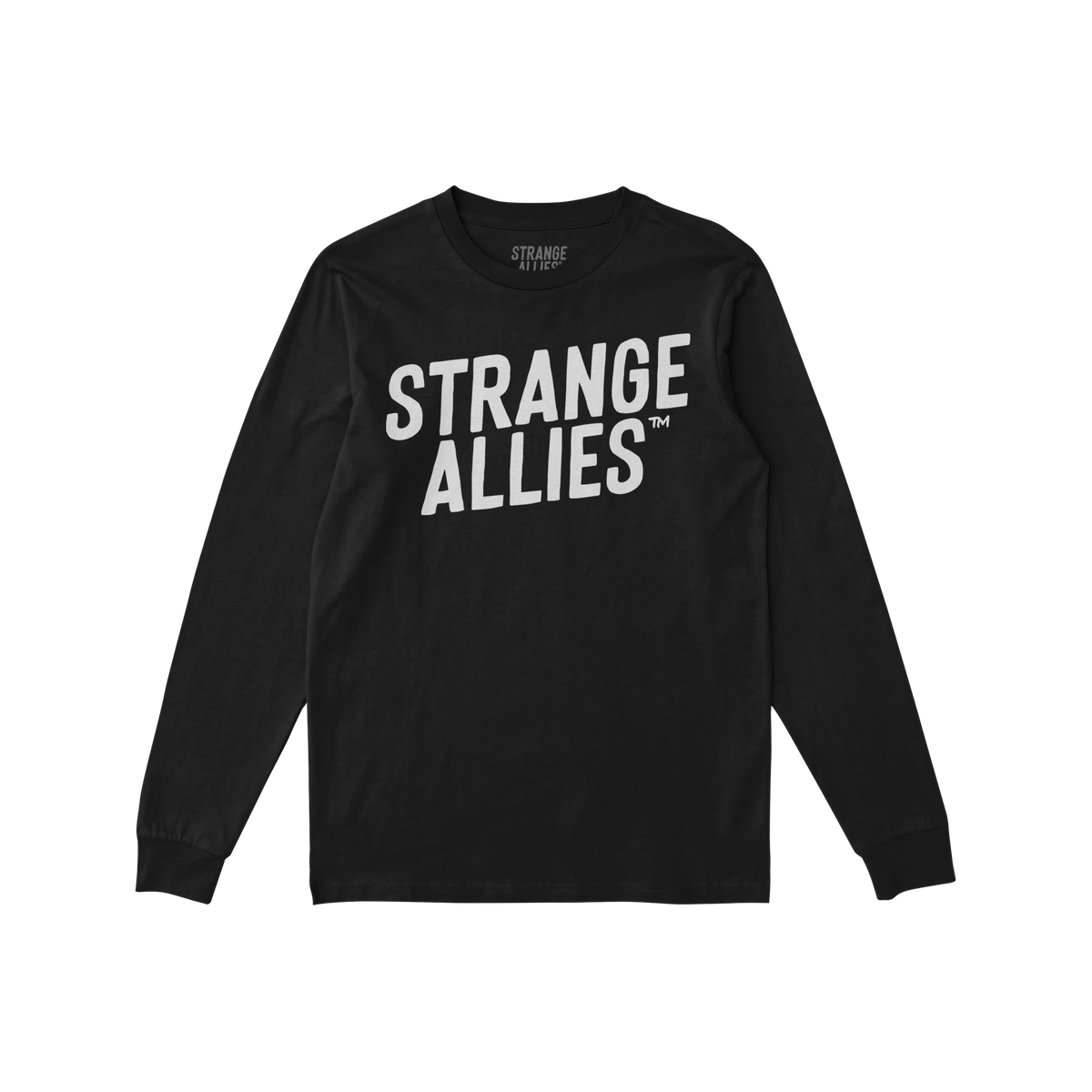 Strange Allies T-shirt features bold white STRANGE ALLIES™ text on a black, long-sleeve crewneck, symbolizing unity with ou