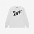 Strange Allies T-shirt features bold STRANGE ALLIES™ text across the chest, embodying an outsider ethos. Laid flat, this white long-sleeve tee represents a statement of embracing uniqueness and individuality.