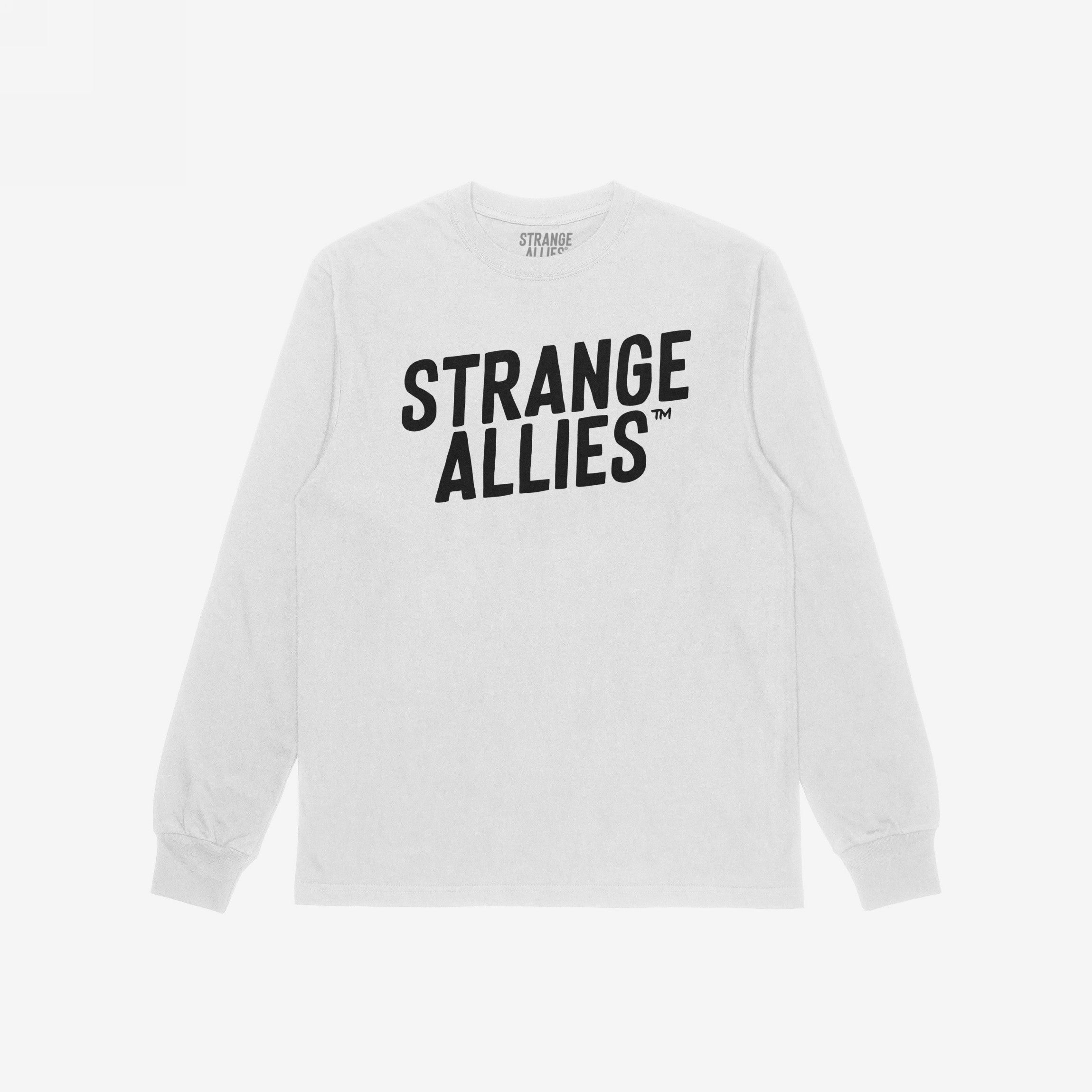 Strange Allies T-shirt features bold STRANGE ALLIES™ text across the chest, embodying an outsider ethos. Laid flat, this white long-sleeve tee represents a statement of embracing uniqueness and individuality.
