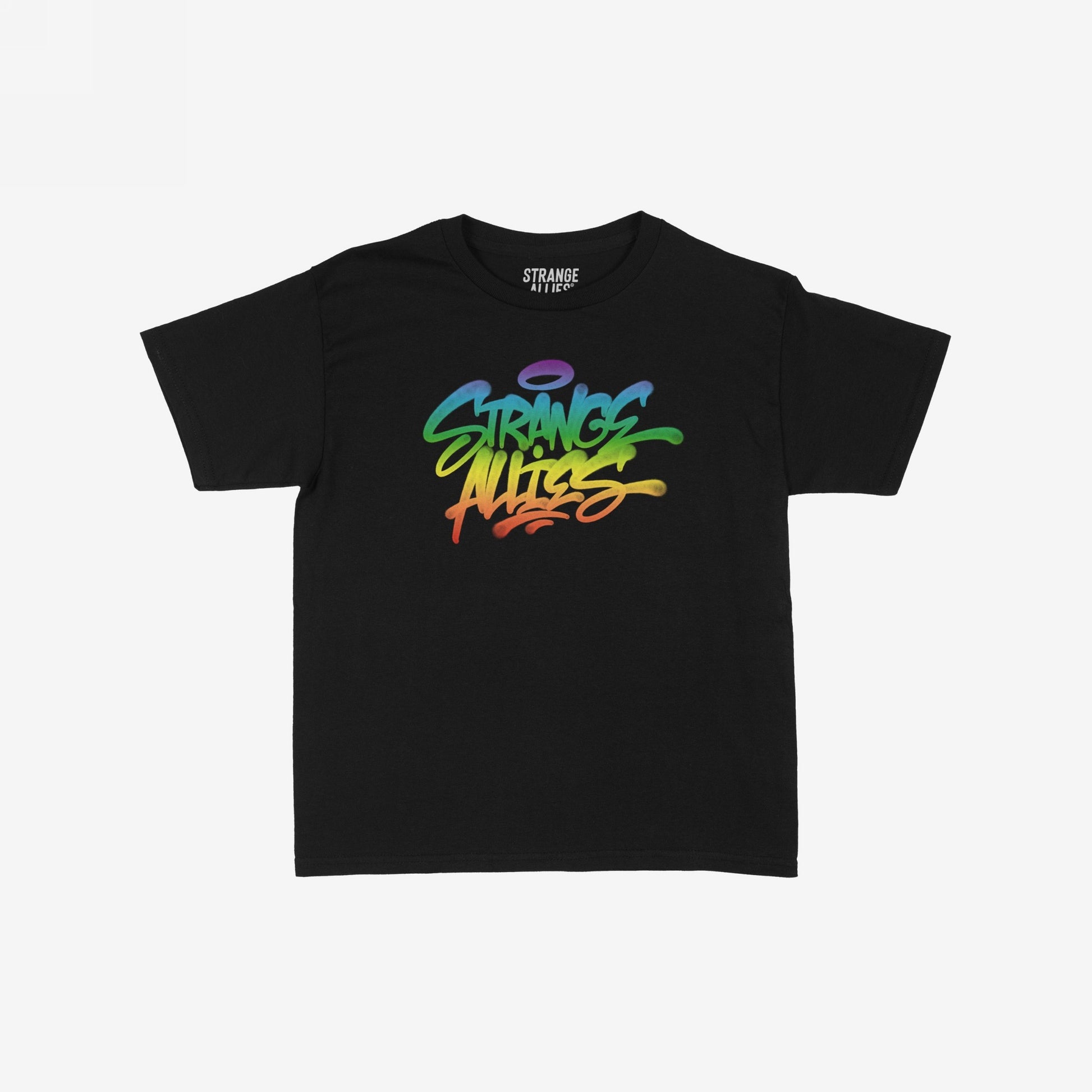 Strange Allies Rainbow Handstyle Women's Baby Tee features a black, short-sleeved, cropped fit with a vibrant graffiti-style logo across the chest, celebrating LGBTQ+ allyship with a bold, colorful statement.