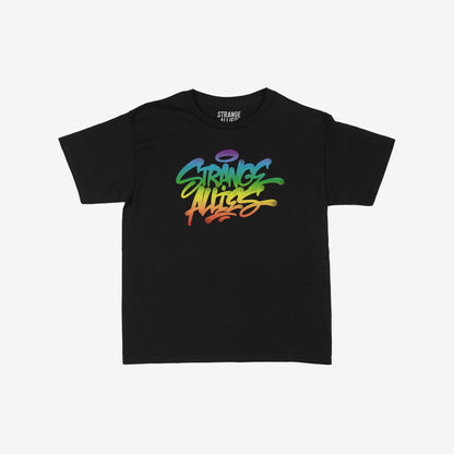 Strange Allies Rainbow Handstyle Women's Baby Tee features a black, short-sleeved, cropped fit with a vibrant graffiti-style logo across the chest, celebrating LGBTQ+ allyship with a bold, colorful statement.