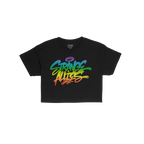 Strange Allies Rainbow Handstyle Women's Baby Tee features a black, short-sleeved, cropped fit with a vibrant graffiti-style 