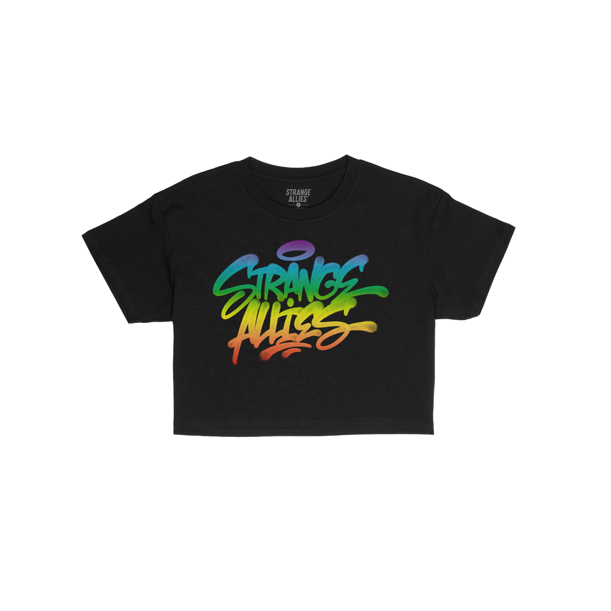 Strange Allies Rainbow Handstyle Women's Baby Tee features a black, short-sleeved, cropped fit with a vibrant graffiti-style 