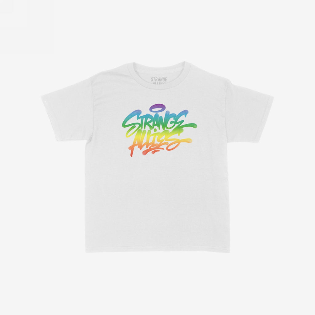 Strange Allies Rainbow Handstyle Women's Baby Tee featuring a bold graffiti-style logo in a rainbow gradient on a white short-sleeve crewneck, embodying allyship and LGBTQ+ support in a retro Y2K fit.
