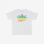 Strange Allies Rainbow Handstyle Women's Baby Tee featuring a bold graffiti-style logo in a rainbow gradient on a white short-sleeve crewneck, embodying allyship and LGBTQ+ support in a retro Y2K fit.