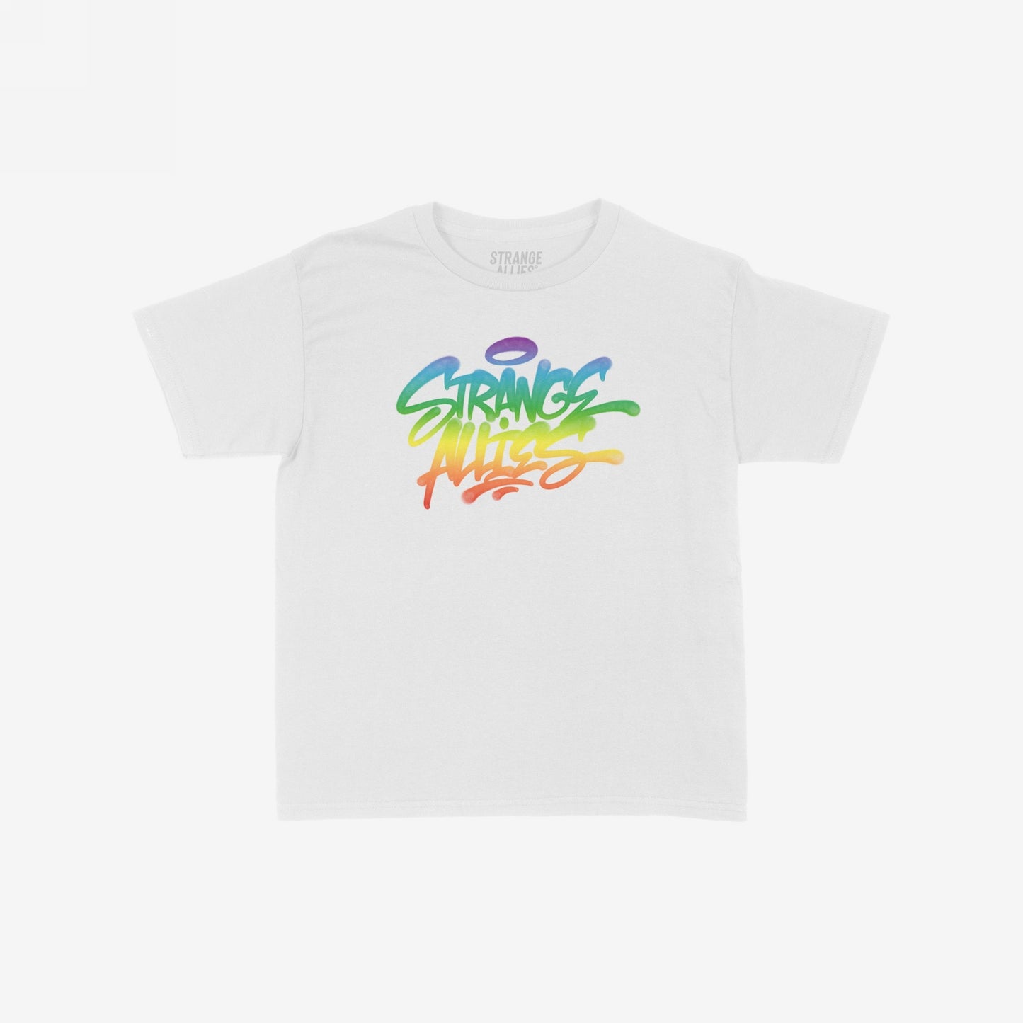 Strange Allies Rainbow Handstyle Women's Baby Tee featuring a bold graffiti-style logo in a rainbow gradient on a white short-sleeve crewneck, embodying allyship and LGBTQ+ support in a retro Y2K fit.