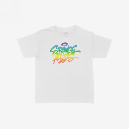 Strange Allies Rainbow Handstyle Women's Baby Tee featuring a bold graffiti-style logo in a rainbow gradient on a white short-sleeve crewneck, embodying allyship and LGBTQ+ support in a retro Y2K fit.