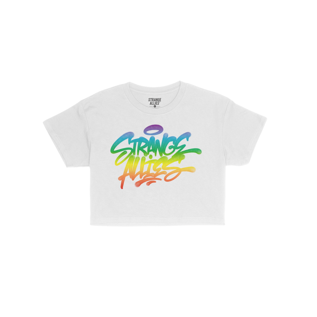 Strange Allies Rainbow Handstyle Women's Baby Tee featuring a bold graffiti-style logo in a rainbow gradient on a white short