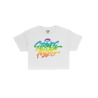 Strange Allies Rainbow Handstyle Women's Baby Tee featuring a bold graffiti-style logo in a rainbow gradient on a white short