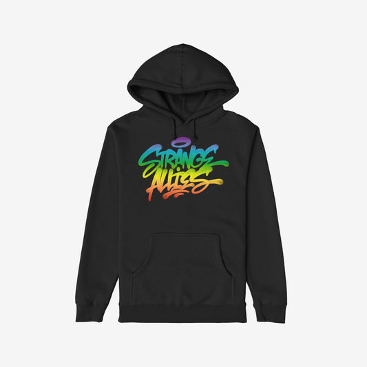 Strange Allies Rainbow Handstyle Hoodie features a black pullover design with a kangaroo pocket and a bold graffiti-style STRANGE ALLIES logo in rainbow gradient, perfect for making a statement.