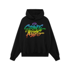 Strange Allies Rainbow Handstyle Hoodie features a black pullover design with a kangaroo pocket and a bold graffiti-style STR