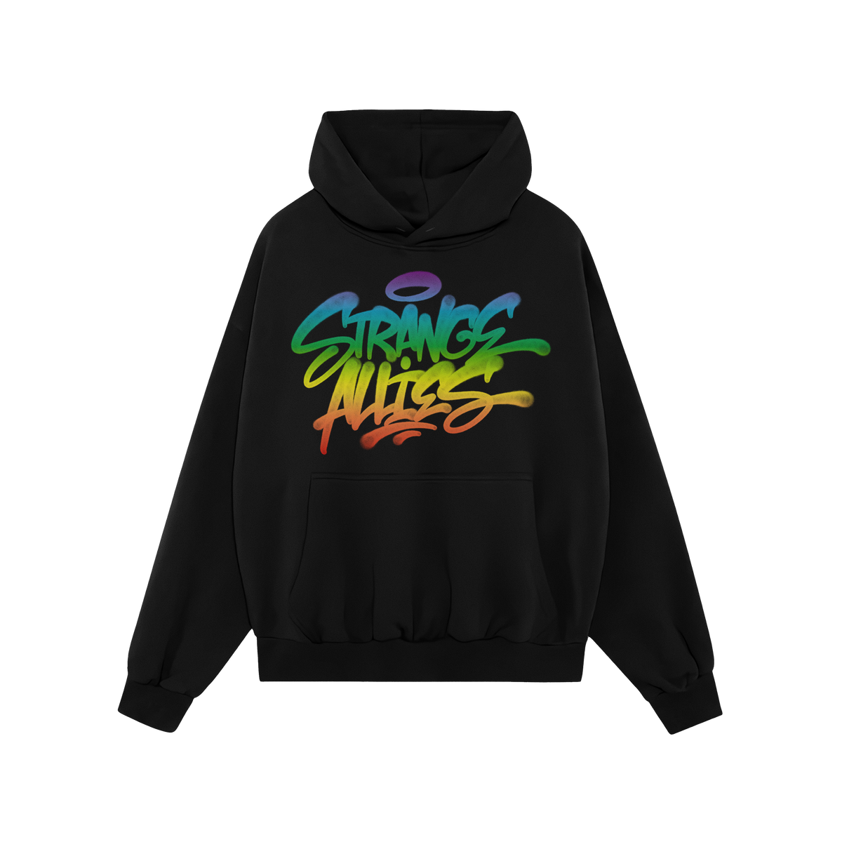 Strange Allies Rainbow Handstyle Hoodie features a black pullover design with a kangaroo pocket and a bold graffiti-style STR