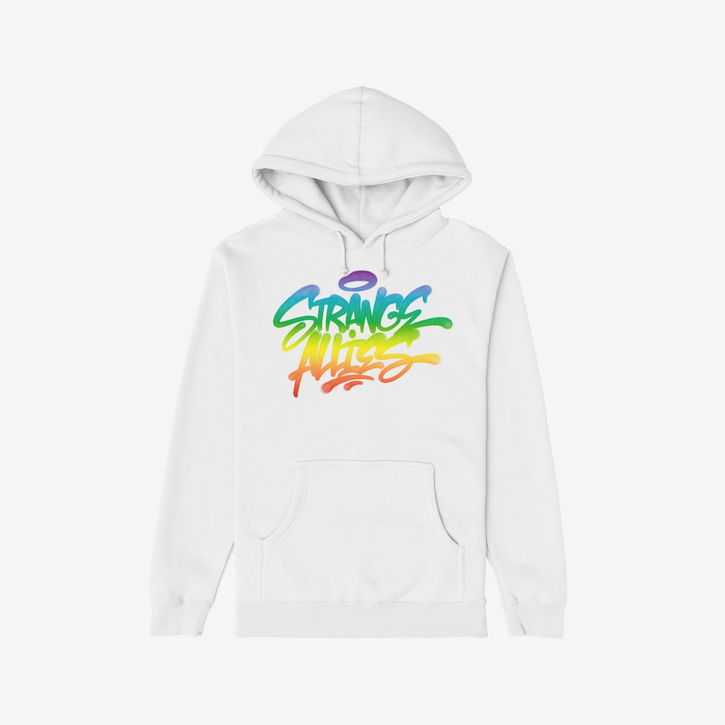 Strange Allies Rainbow Handstyle Hoodie features a graffiti-style logo in rainbow gradient on a plain white pullover, combining comfort with a bold statement supporting equality and LGBTQ+ pride.