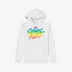 Strange Allies Rainbow Handstyle Hoodie features a graffiti-style logo in rainbow gradient on a plain white pullover, combining comfort with a bold statement supporting equality and LGBTQ+ pride.