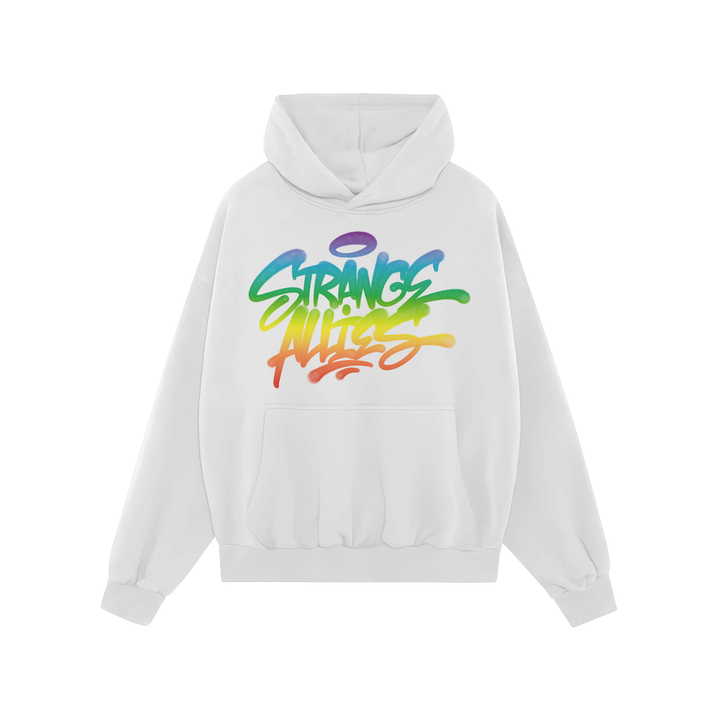 Strange Allies Rainbow Handstyle Hoodie features a graffiti-style logo in rainbow gradient on a plain white pullover, combini