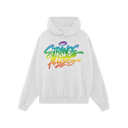 Strange Allies Rainbow Handstyle Hoodie features a graffiti-style logo in rainbow gradient on a plain white pullover, combini