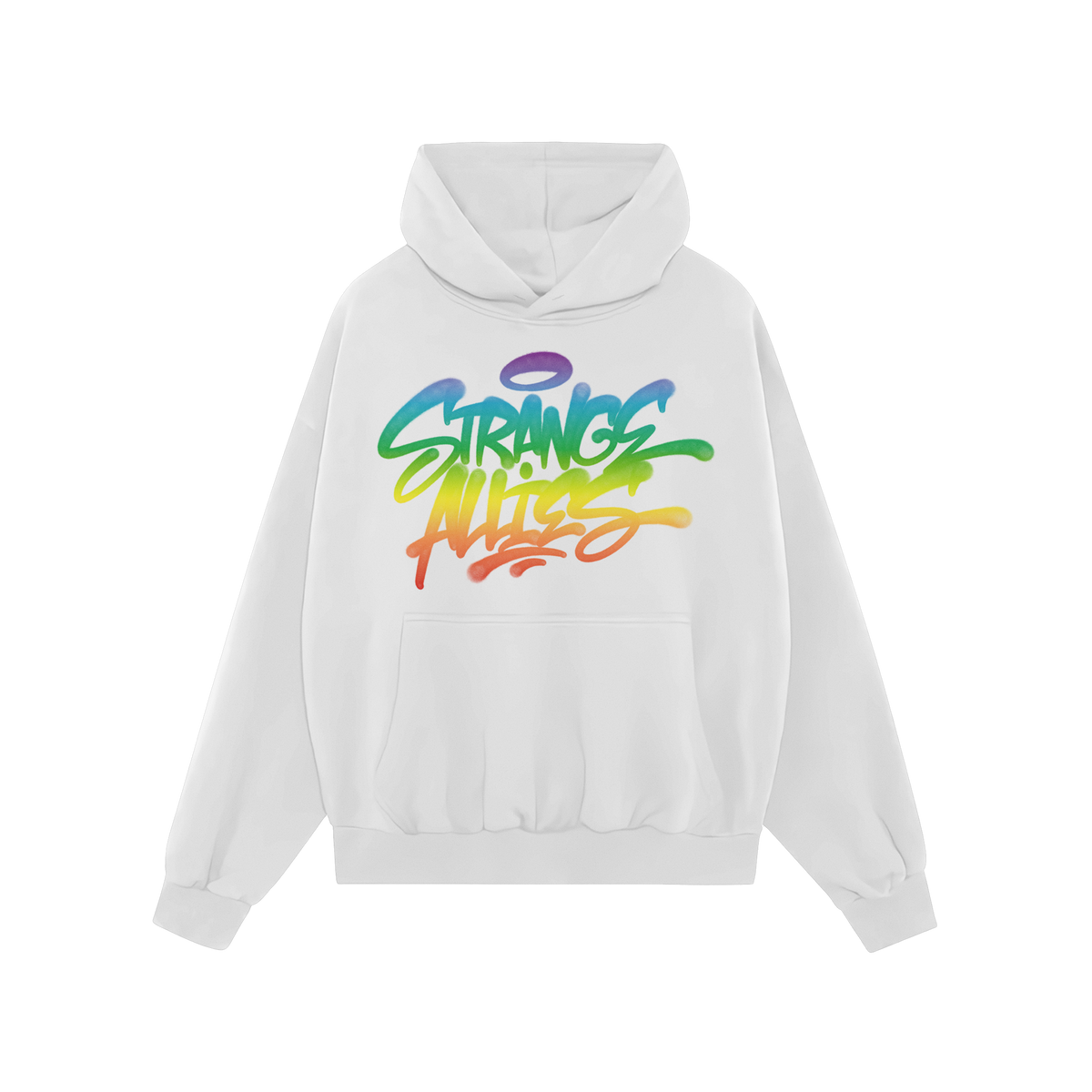 Strange Allies Rainbow Handstyle Hoodie features a graffiti-style logo in rainbow gradient on a plain white pullover, combini