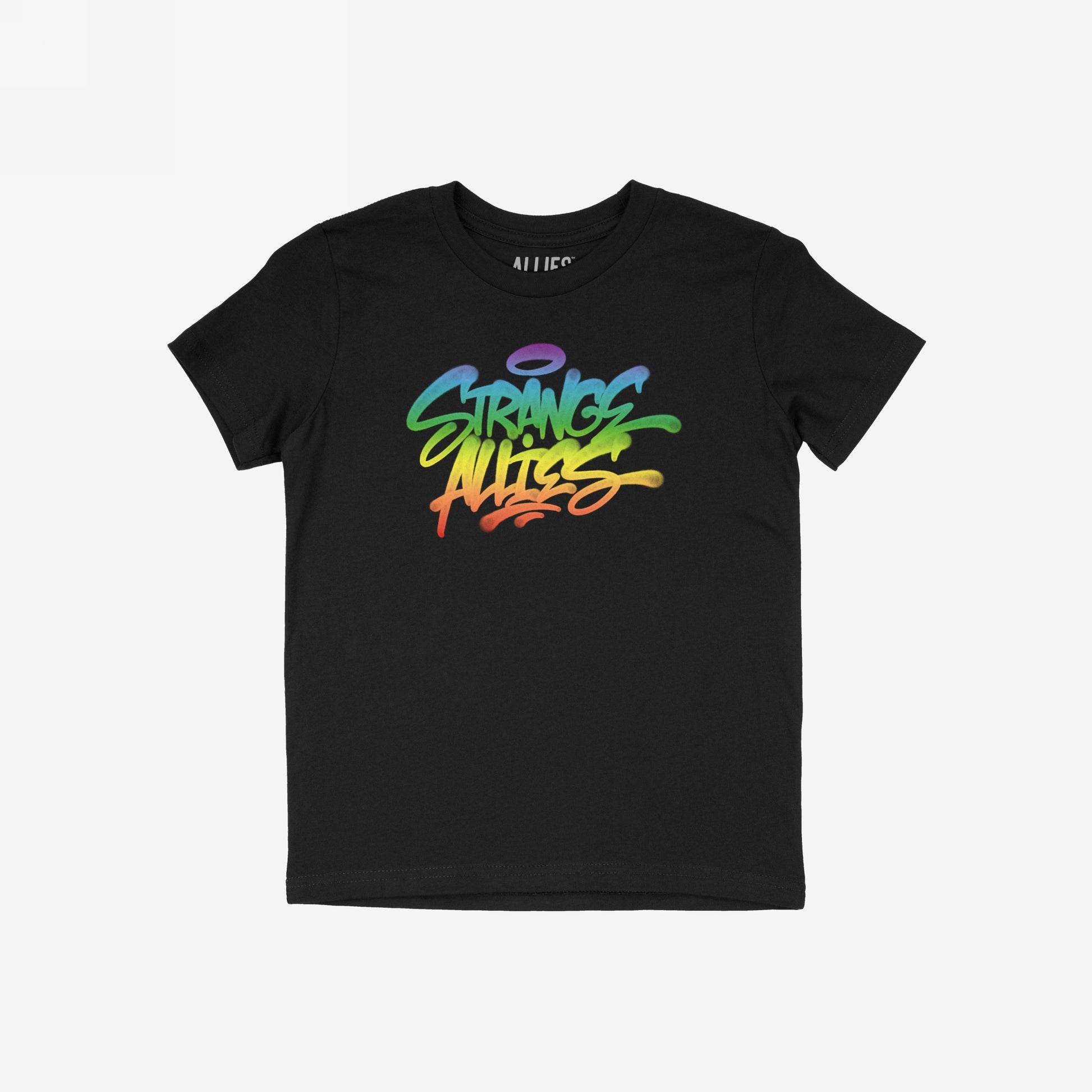 Strange Allies Rainbow Handstyle T-shirt features a graffiti-inspired logo in rainbow hues on a black tee, symbolizing individuality and community. Celebrates boldness and inclusivity with a vibrant street art design.