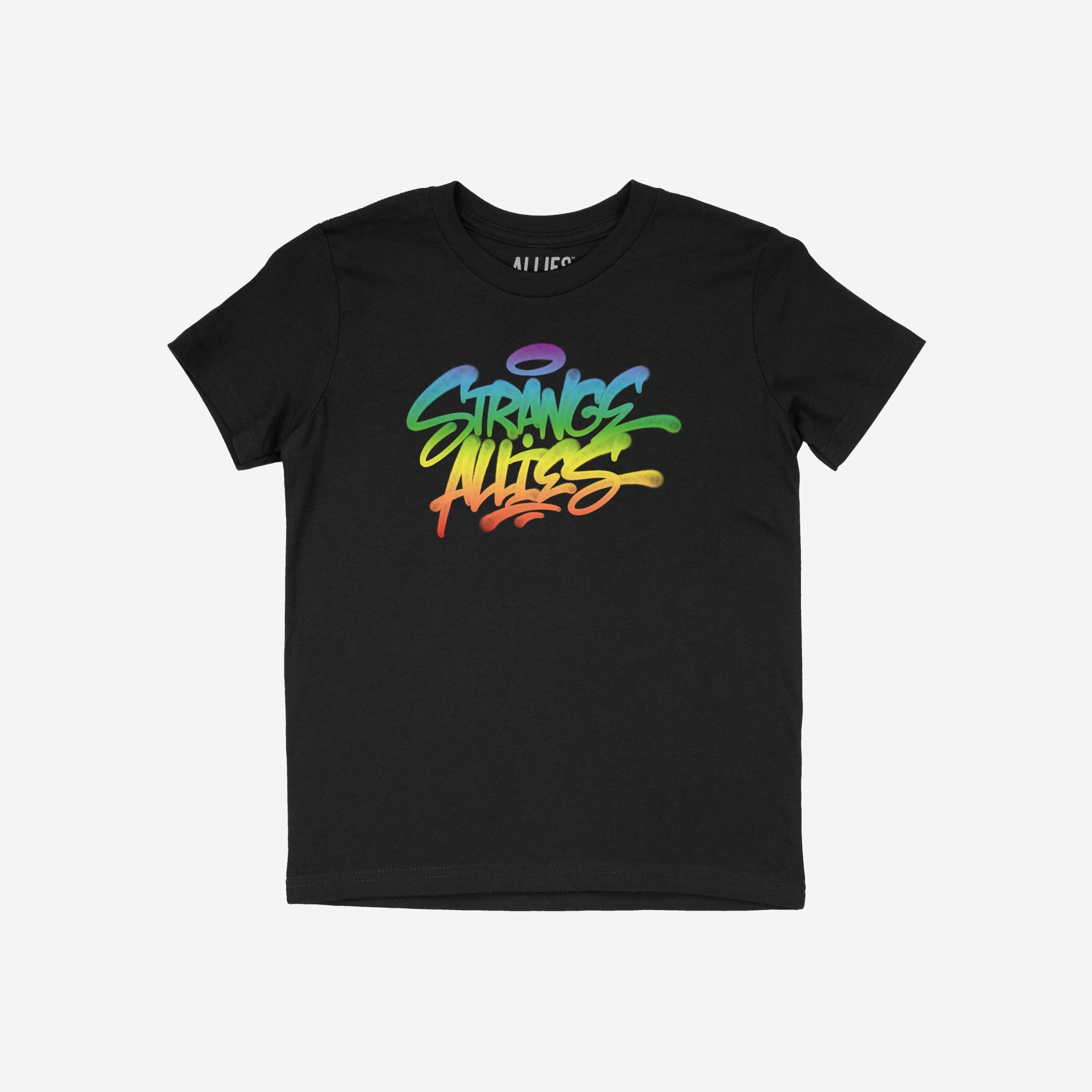 Strange Allies Rainbow Handstyle T-shirt features a graffiti-inspired logo in rainbow hues on a black tee, symbolizing individuality and community. Celebrates boldness and inclusivity with a vibrant street art design.