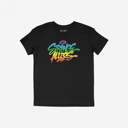 Strange Allies Rainbow Handstyle T-shirt features a graffiti-inspired logo in rainbow hues on a black tee, symbolizing individuality and community. Celebrates boldness and inclusivity with a vibrant street art design.