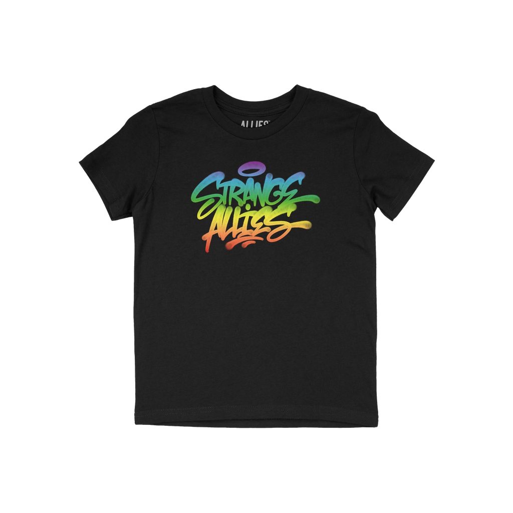 Strange Allies Rainbow Handstyle T-shirt features a graffiti-inspired logo in rainbow hues on a black tee, symbolizing indivi