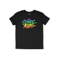 Strange Allies Rainbow Handstyle T-shirt features a graffiti-inspired logo in rainbow hues on a black tee, symbolizing indivi