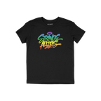 Strange Allies Rainbow Handstyle T-shirt features a graffiti-inspired logo in rainbow hues on a black tee, symbolizing indivi