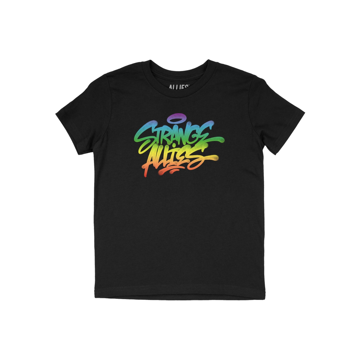 Strange Allies Rainbow Handstyle T-shirt features a graffiti-inspired logo in rainbow hues on a black tee, symbolizing indivi