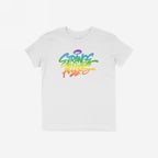 Strange Allies Rainbow Handstyle T-shirt with a bold graffiti-style logo in a rainbow gradient across the chest, celebrating individuality and inclusivity with a vibrant, street-art inspired design.
