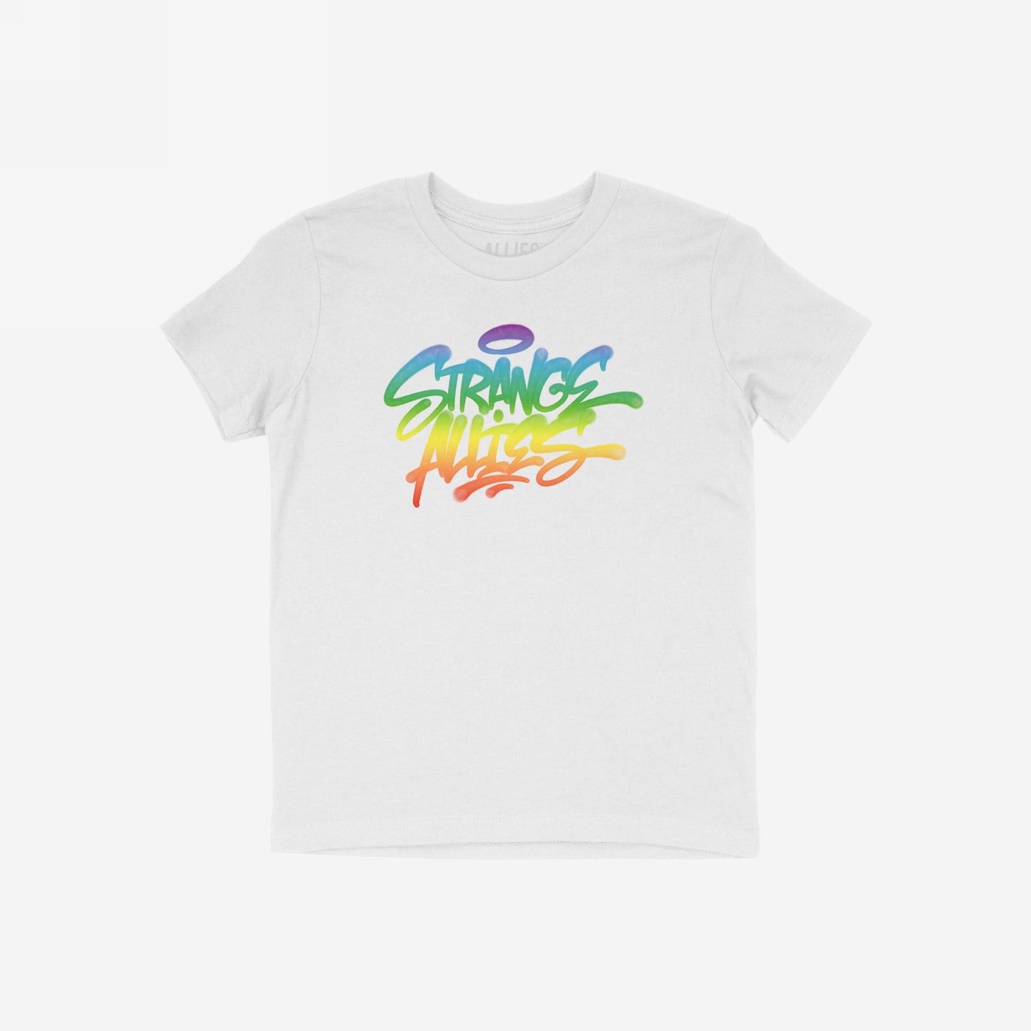 Strange Allies Rainbow Handstyle T-shirt with a bold graffiti-style logo in a rainbow gradient across the chest, celebrating individuality and inclusivity with a vibrant, street-art inspired design.