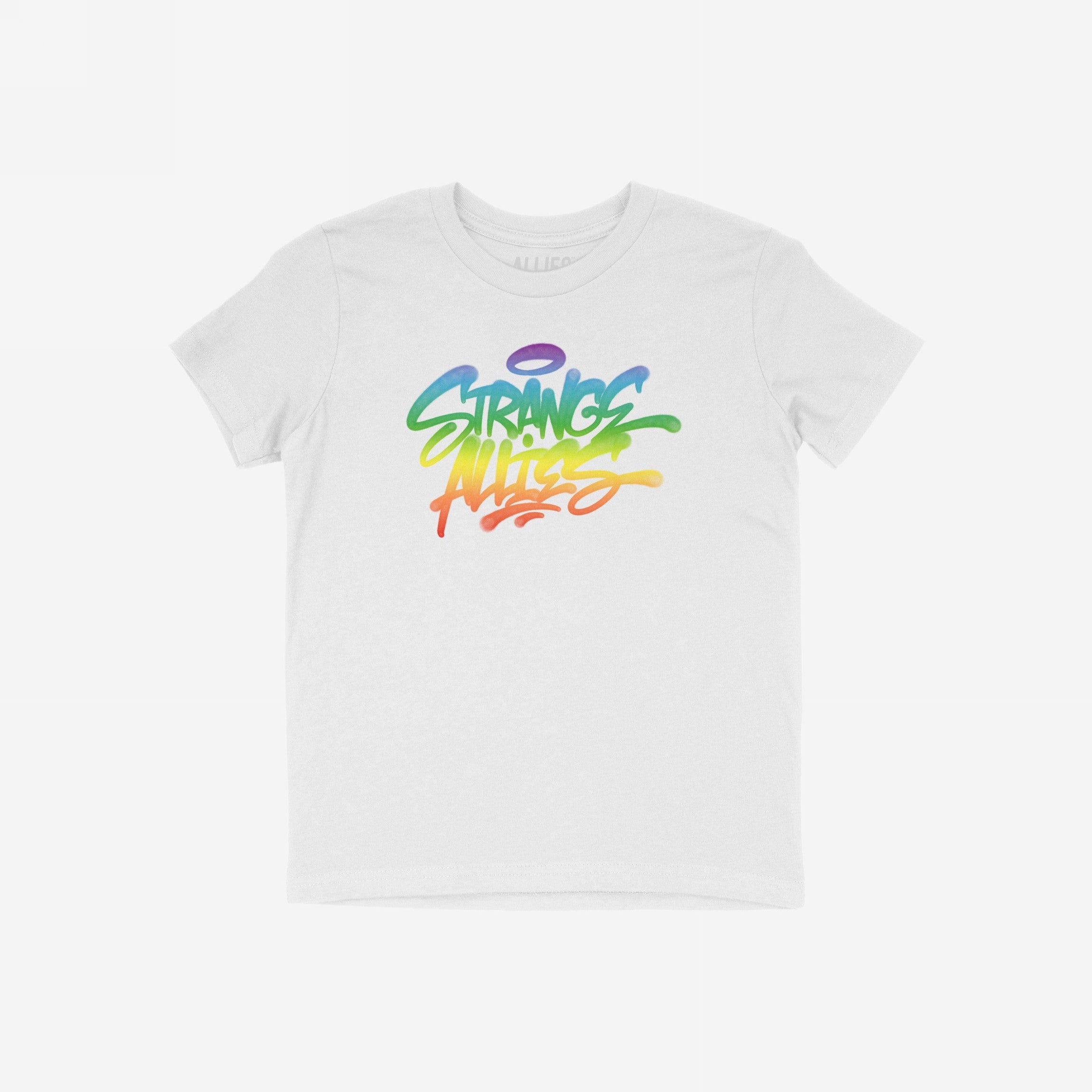 Strange Allies Rainbow Handstyle T-shirt with a bold graffiti-style logo in a rainbow gradient across the chest, celebrating individuality and inclusivity with a vibrant, street-art inspired design.