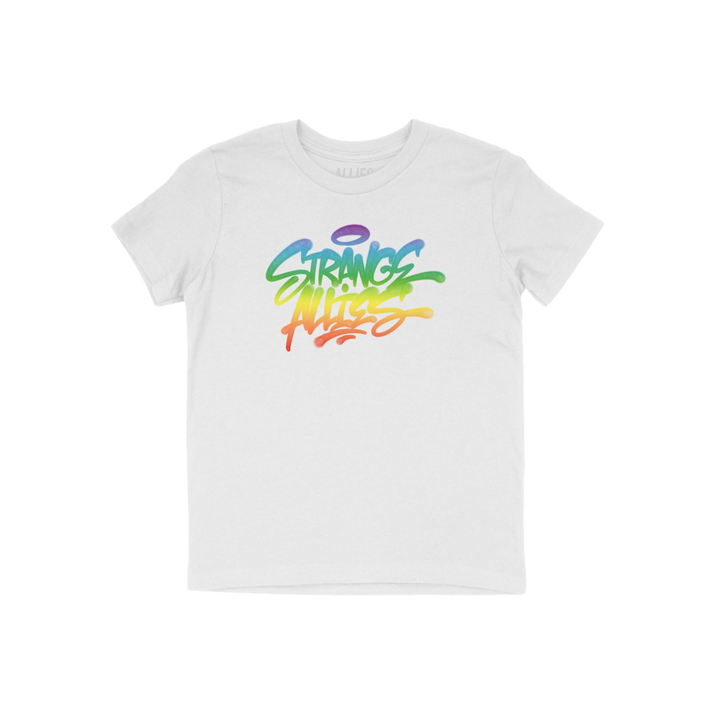Strange Allies Rainbow Handstyle T-shirt with a bold graffiti-style logo in a rainbow gradient across the chest, celebrating