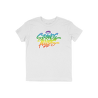 Strange Allies Rainbow Handstyle T-shirt with a bold graffiti-style logo in a rainbow gradient across the chest, celebrating