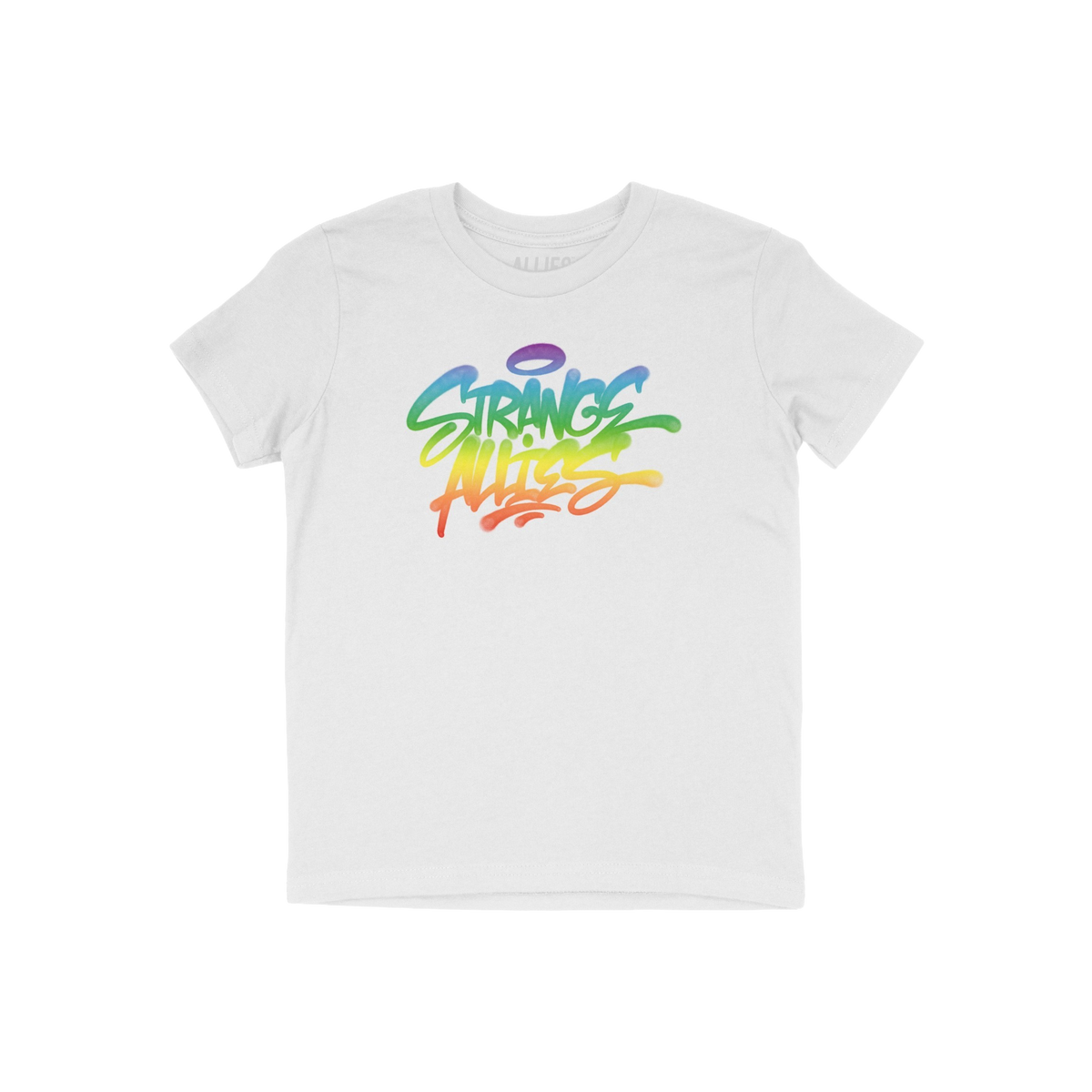 Strange Allies Rainbow Handstyle T-shirt with a bold graffiti-style logo in a rainbow gradient across the chest, celebrating