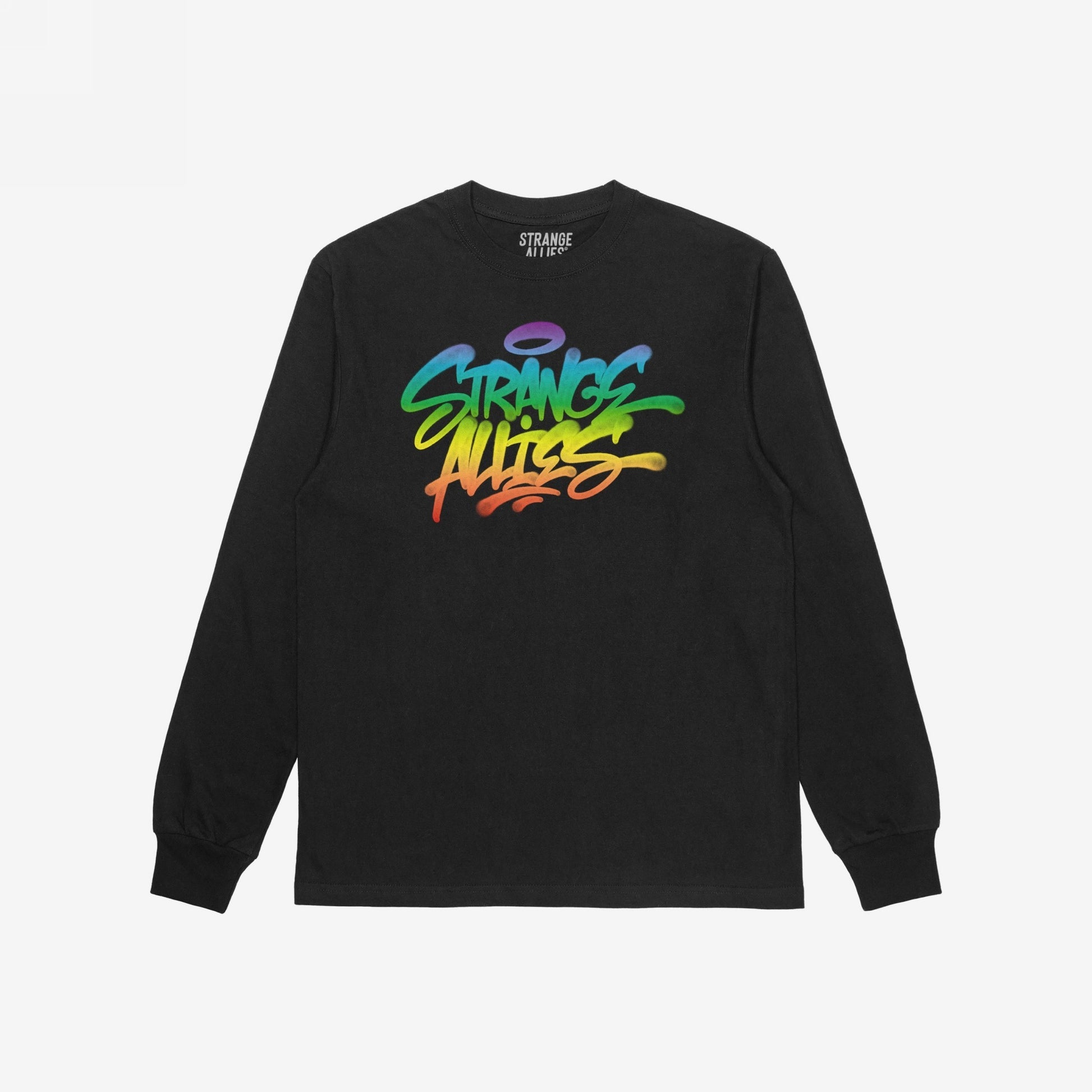Black long-sleeve T-shirt featuring the Strange Allies Rainbow Handstyle print in graffiti style, showcasing bold, colorful lettering. Celebrates individuality and inclusivity, embodying a rebellious spirit against conformity.