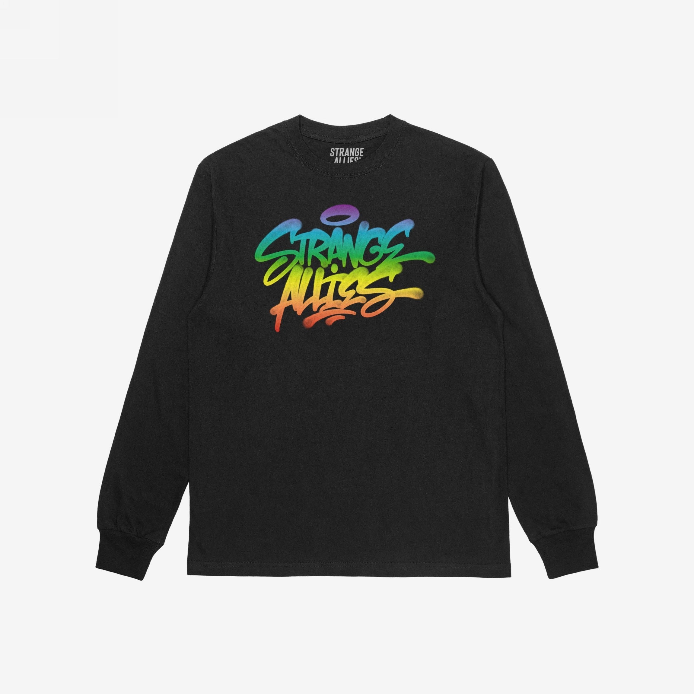 Black long-sleeve T-shirt featuring the Strange Allies Rainbow Handstyle print in graffiti style, showcasing bold, colorful lettering. Celebrates individuality and inclusivity, embodying a rebellious spirit against conformity.