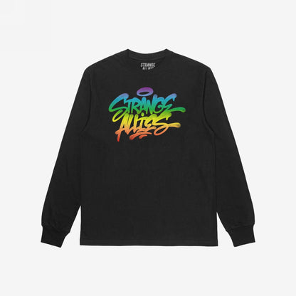 Black long-sleeve T-shirt featuring the Strange Allies Rainbow Handstyle print in graffiti style, showcasing bold, colorful lettering. Celebrates individuality and inclusivity, embodying a rebellious spirit against conformity.