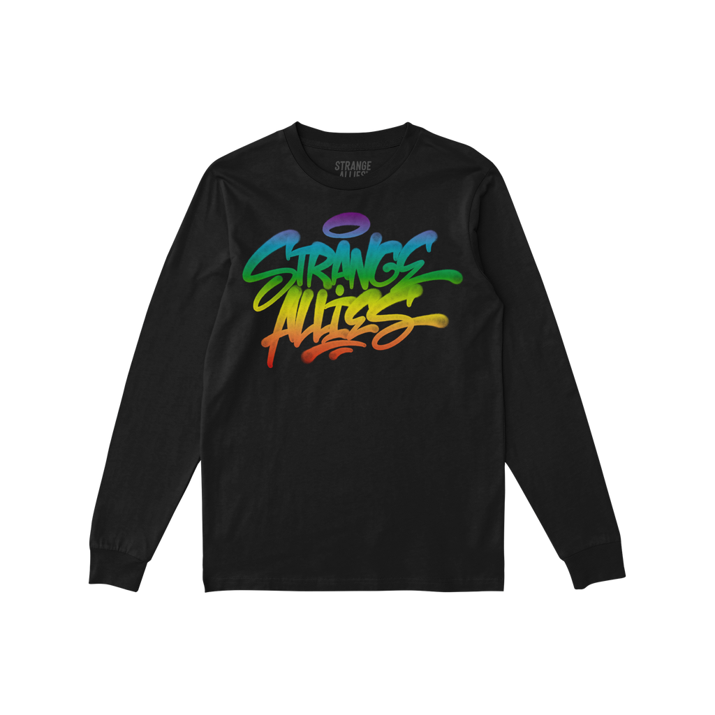 Black long-sleeve T-shirt featuring the Strange Allies Rainbow Handstyle print in graffiti style, showcasing bold, colorful l